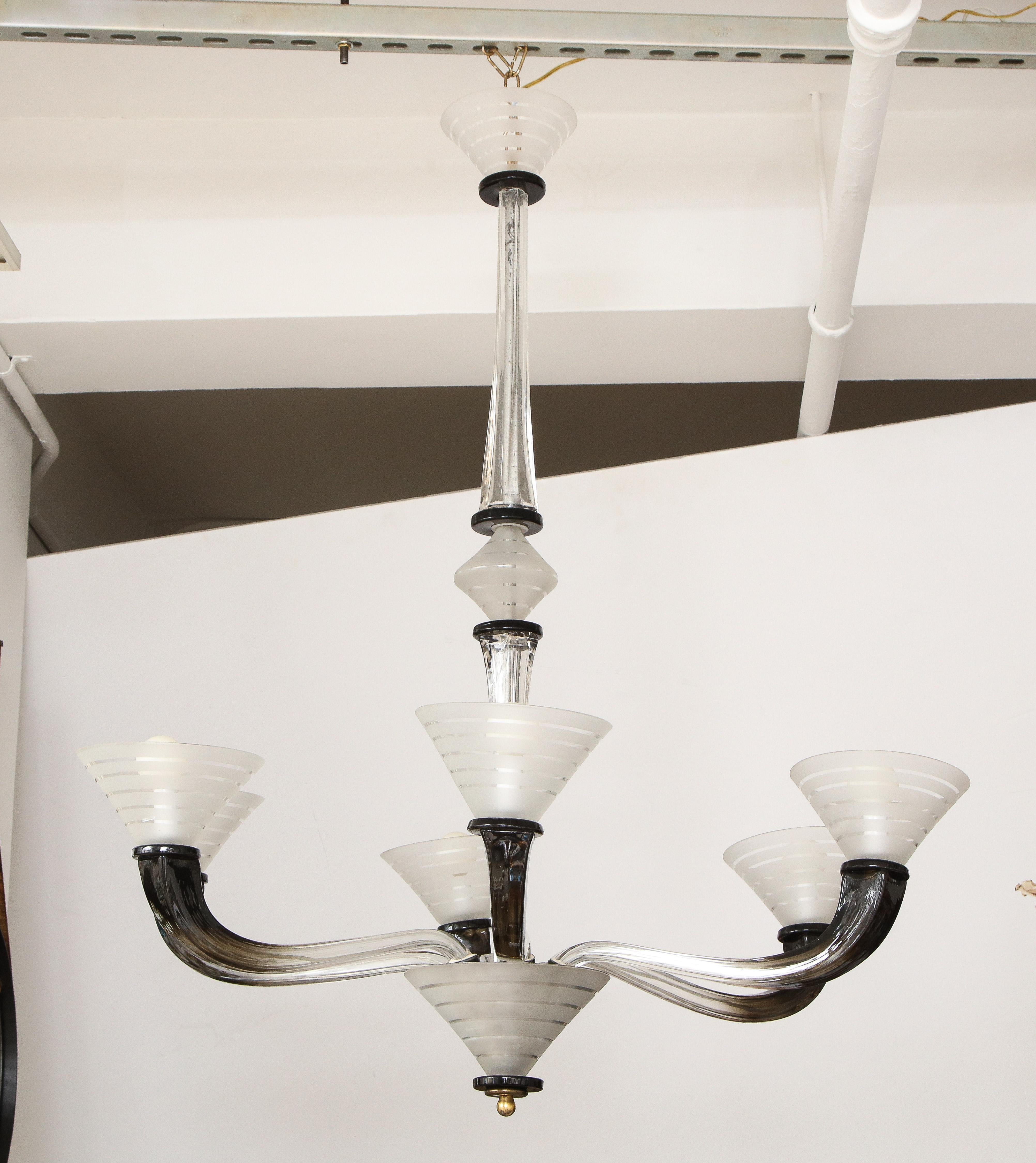 Italian Art Deco Frosted Glass Six Arm Chandelier, circa 1940's For Sale 4