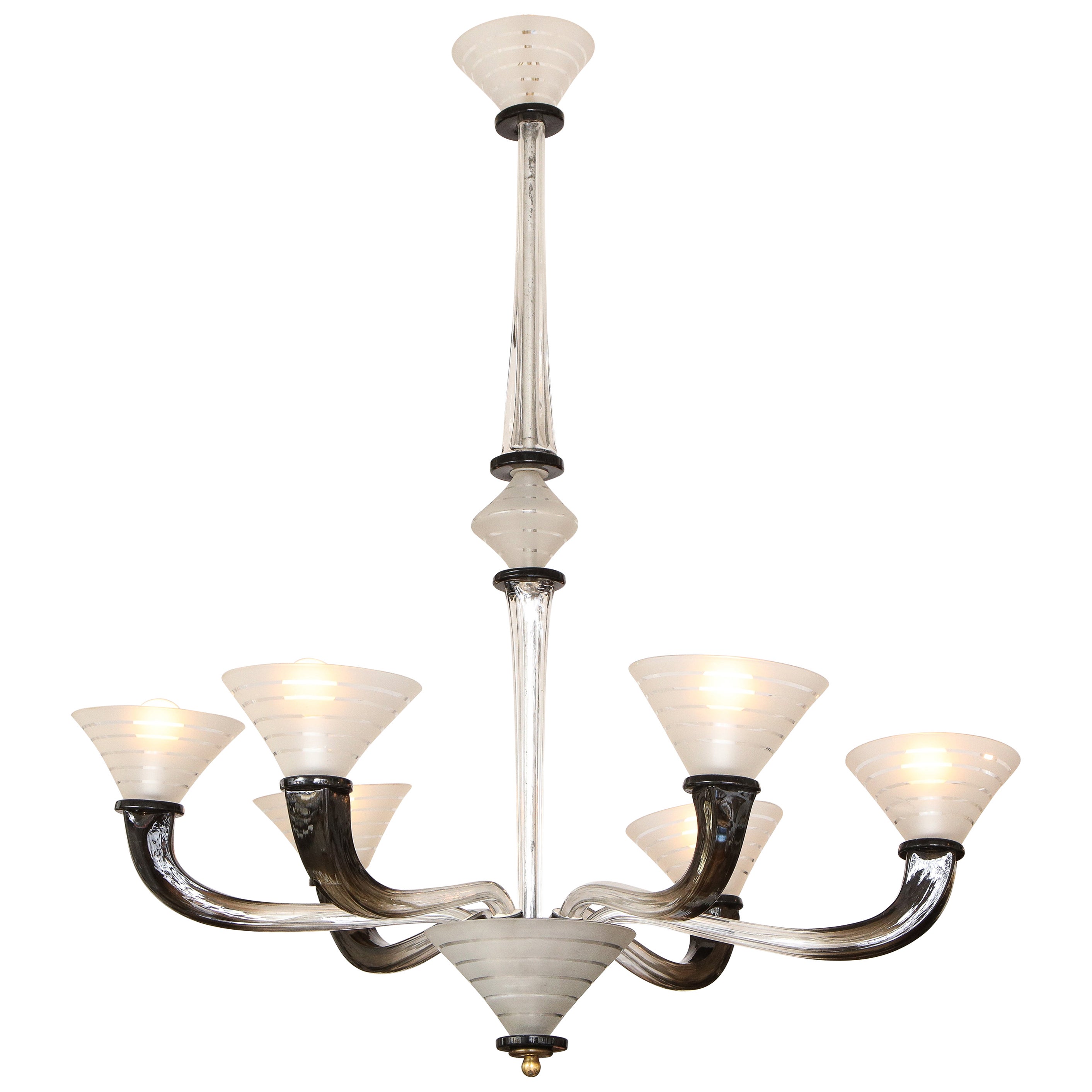 Lampadario a sei bracci in vetro smerigliato Art Deco italiano, anni '40 circa