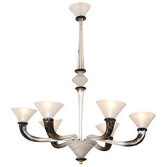 Italian Art Deco Frosted Glass Six Arm Chandelier, circa 1940's