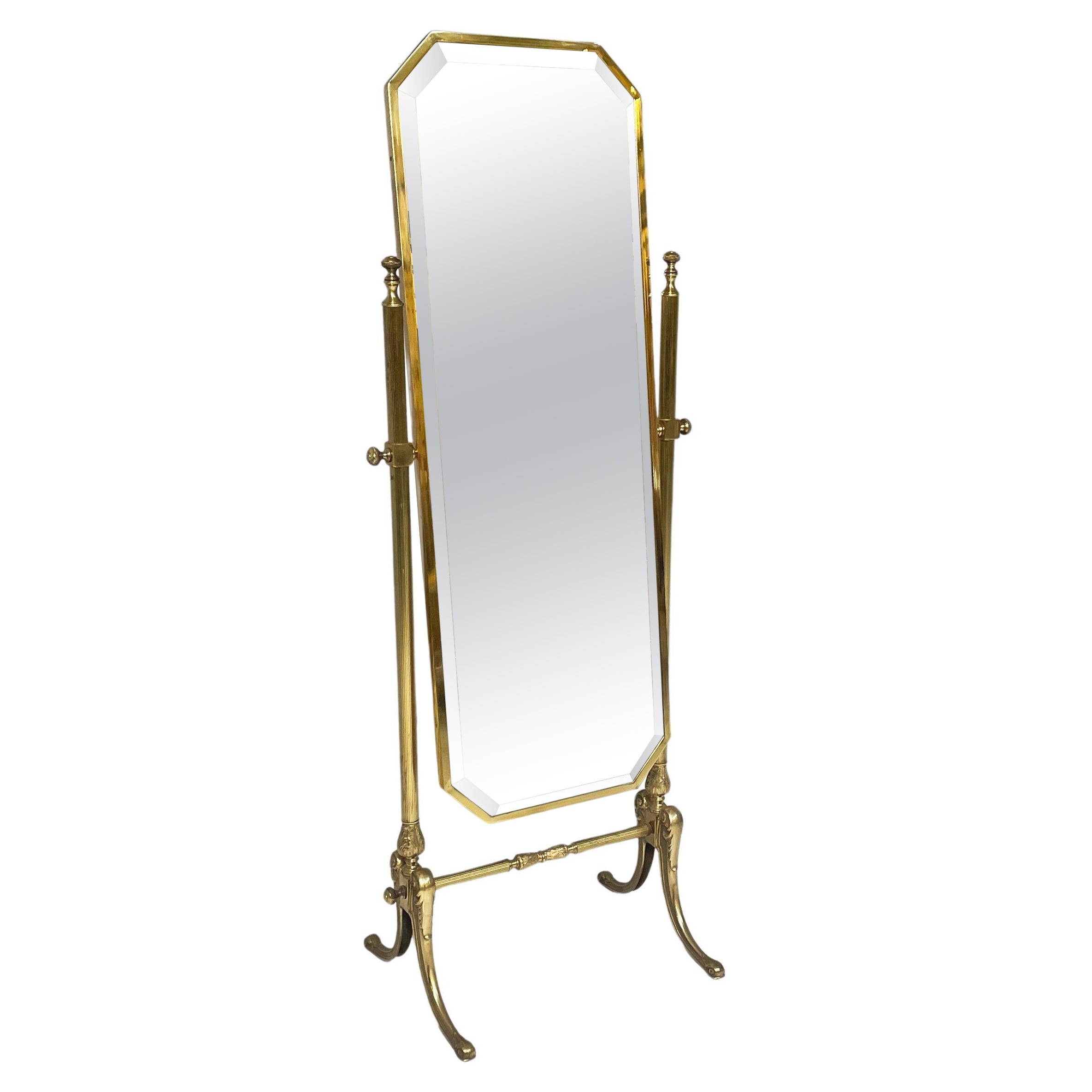 Italian art deco full-length, self-supporting tilting floor mirror in brass 1940s