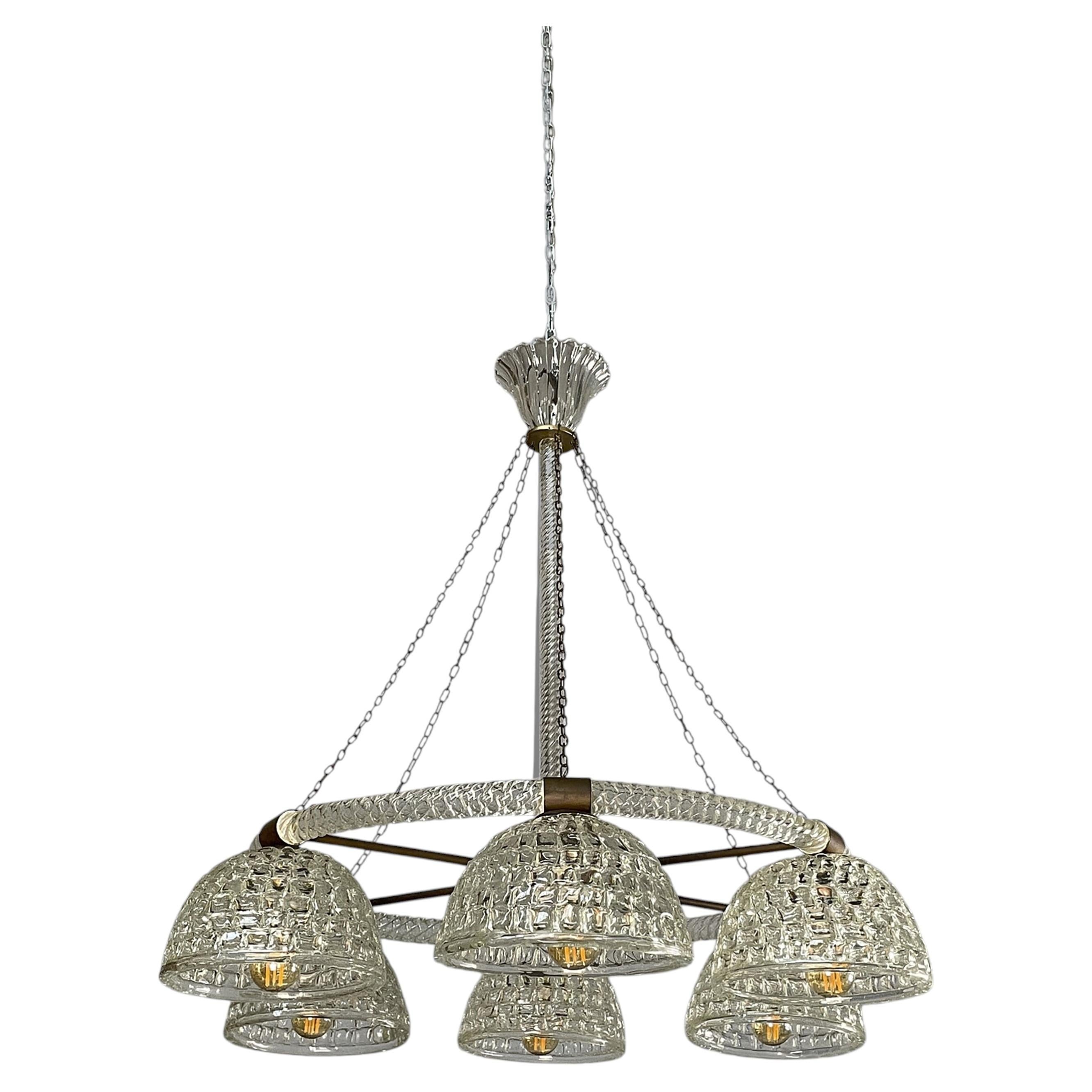 Italian Art Deco glass and brass chandelier, 1930s