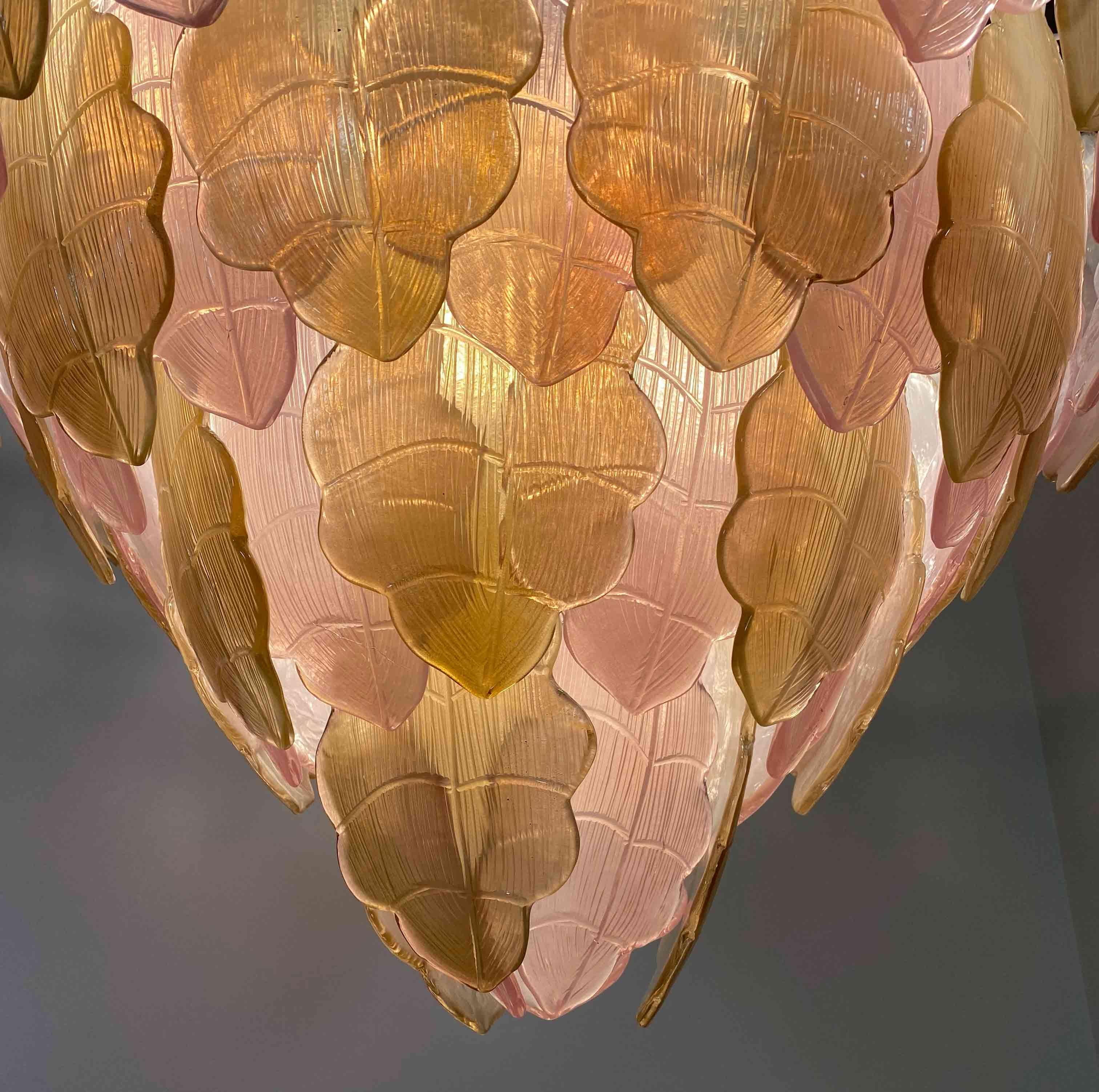 Italienischer Kronleuchter aus goldenem und rosafarbenem Murano-Glas im Art-Deco-Stil im Angebot 6