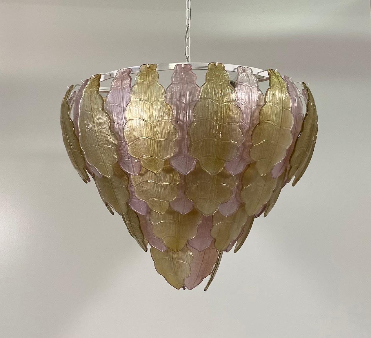 Contemporary Italian Art Deco Gold and Pink Murano Glass Chandelier  For Sale