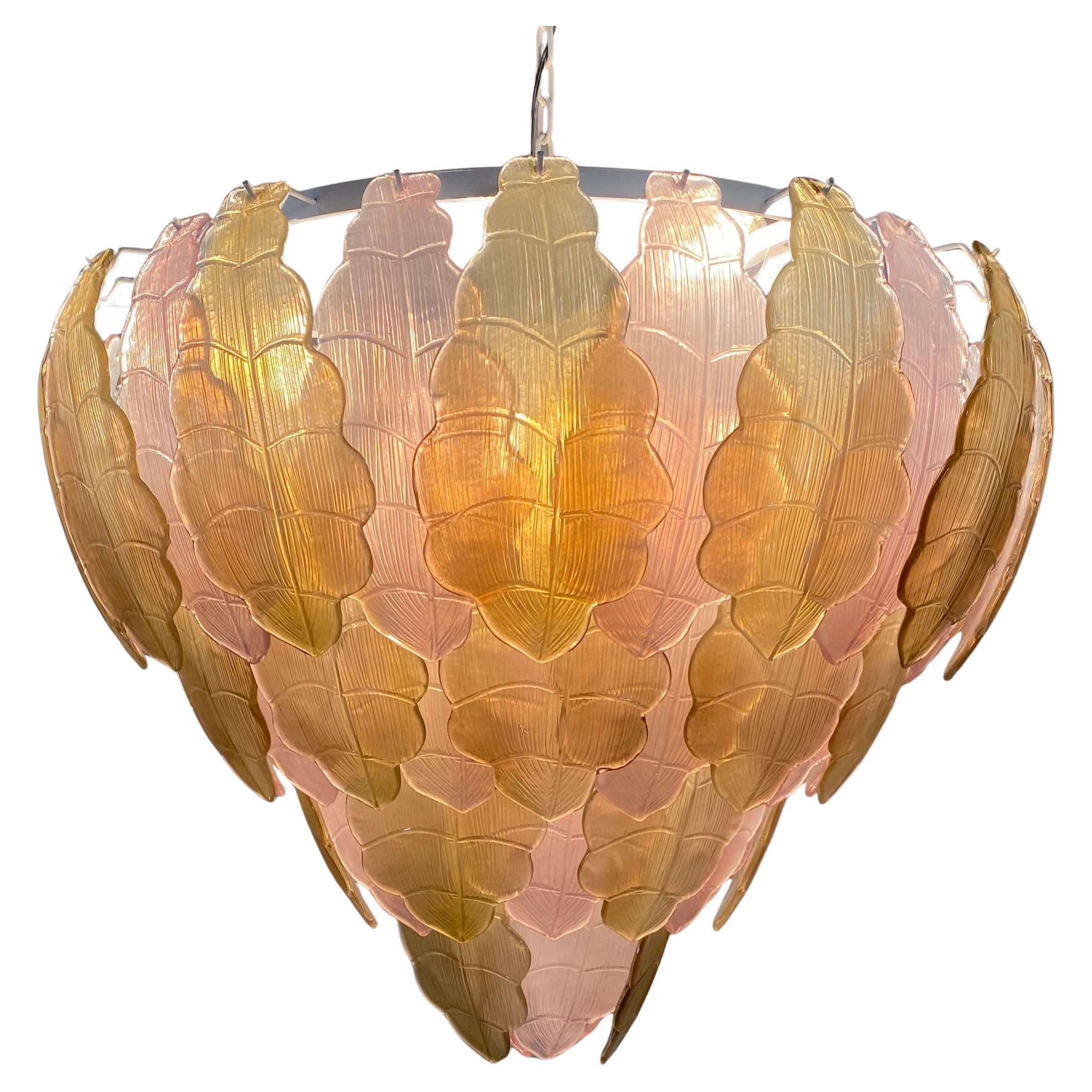 Araña italiana Art Déco de cristal de Murano dorado y rosa