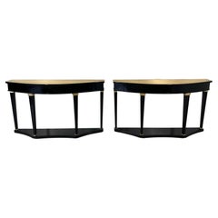 Italian Art Deco Gold Mirror, Black and Gold Leaf Twin Consoles, Versace style