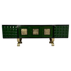 Italian Art Deco Green Aniline and Brass Sideboard, Attr. Valabrega, 1930s