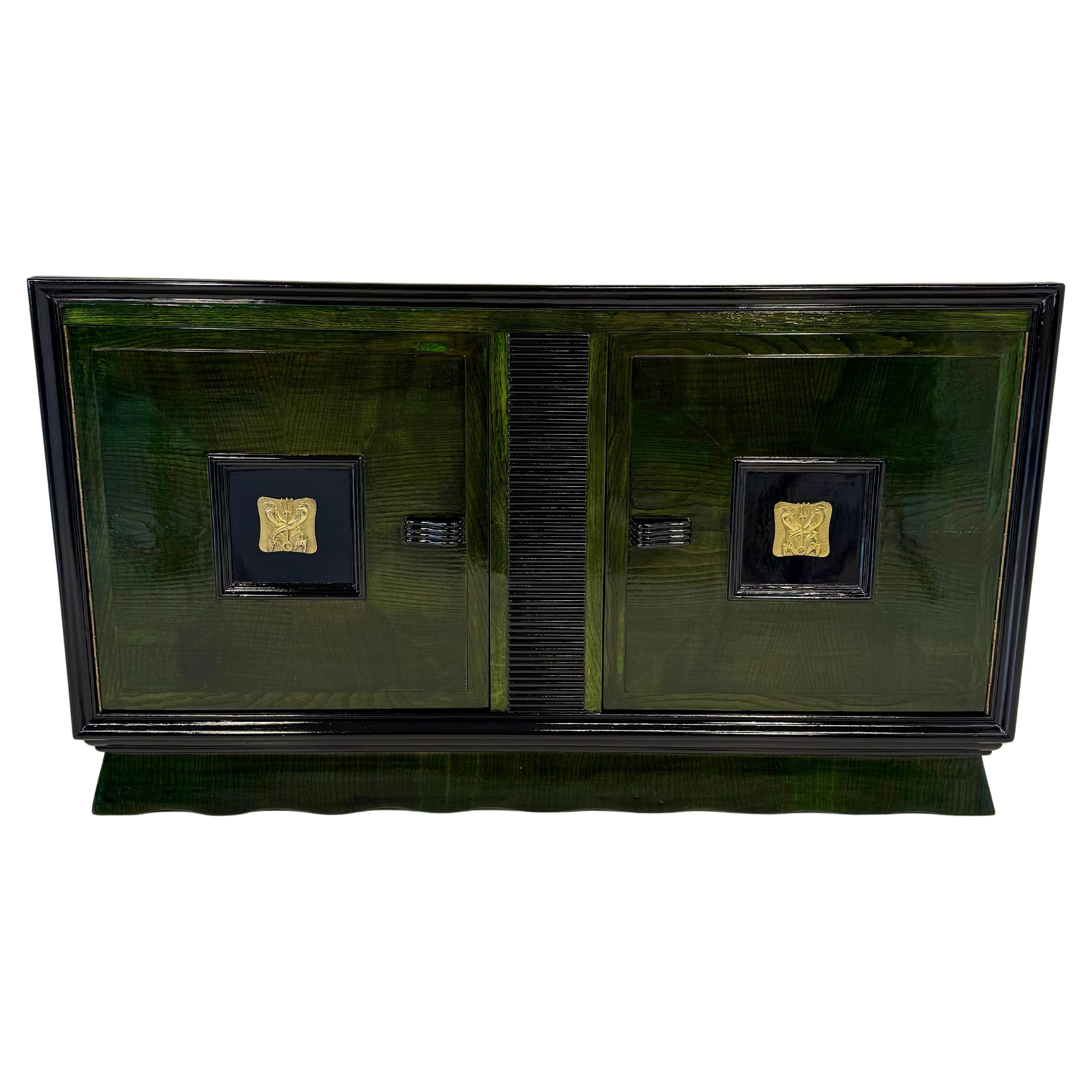 Italian Art Deco Green Aniline and Brass Sideboard, Attr. Valabrega, 1930s