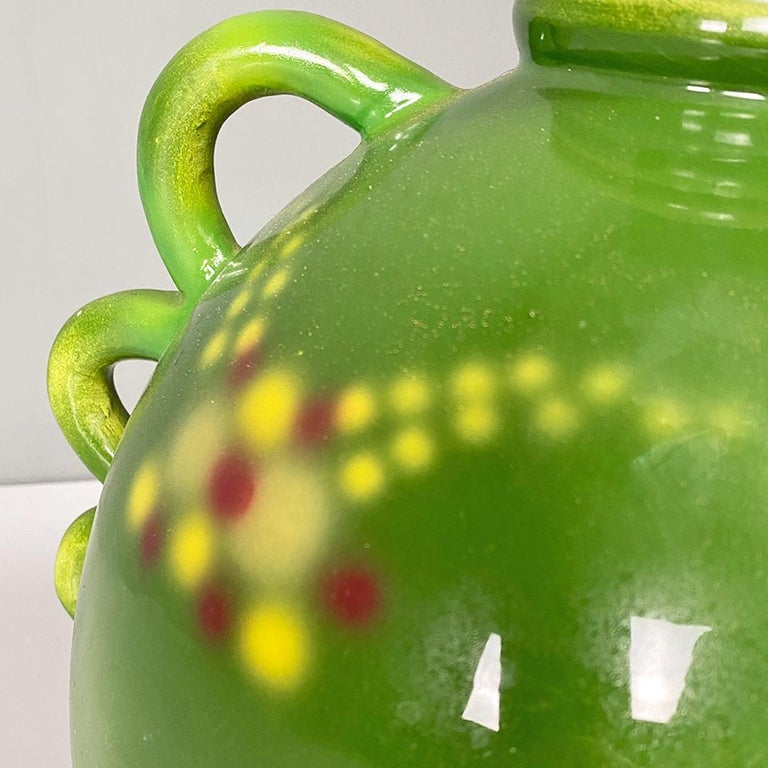 Italian Art Deco Green Ceramic Vase with a Circular Motif by Deruda