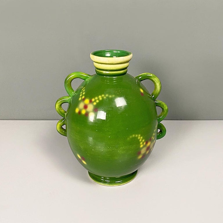 Italian Art Deco Green Ceramic Vase with a Circular Motif by Deruda