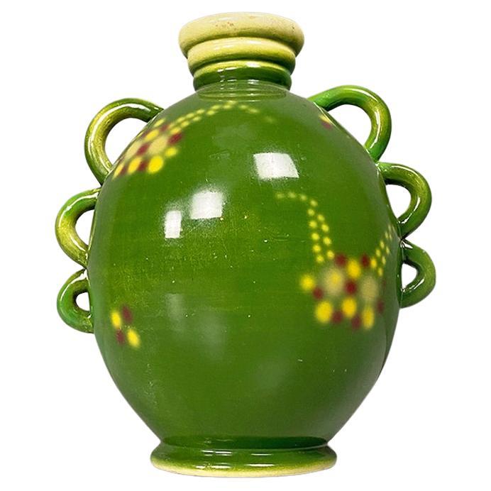 Italian Art Deco Green Ceramic Vase with a Circular Motif by Deruda, 1940 Ca. For Sale