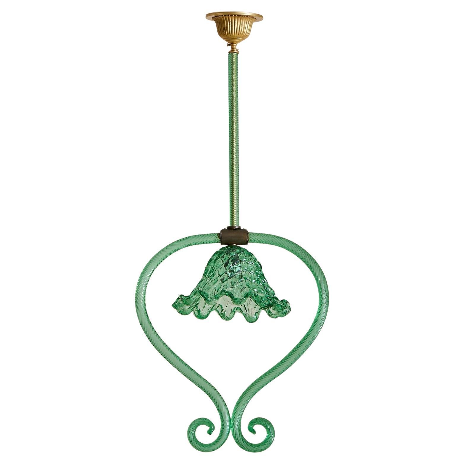 Colgante italiano Art Déco de cristal de Murano verde atribuido a Barovier & Toso, años 30 en venta