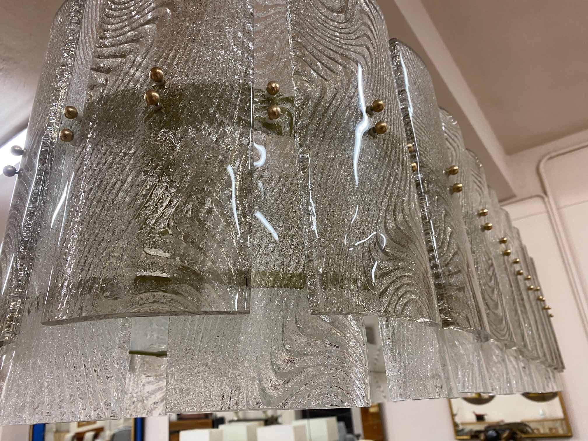 Brass Italian Art Deco Grey and Transparent Murano Glass Chandelier For Sale