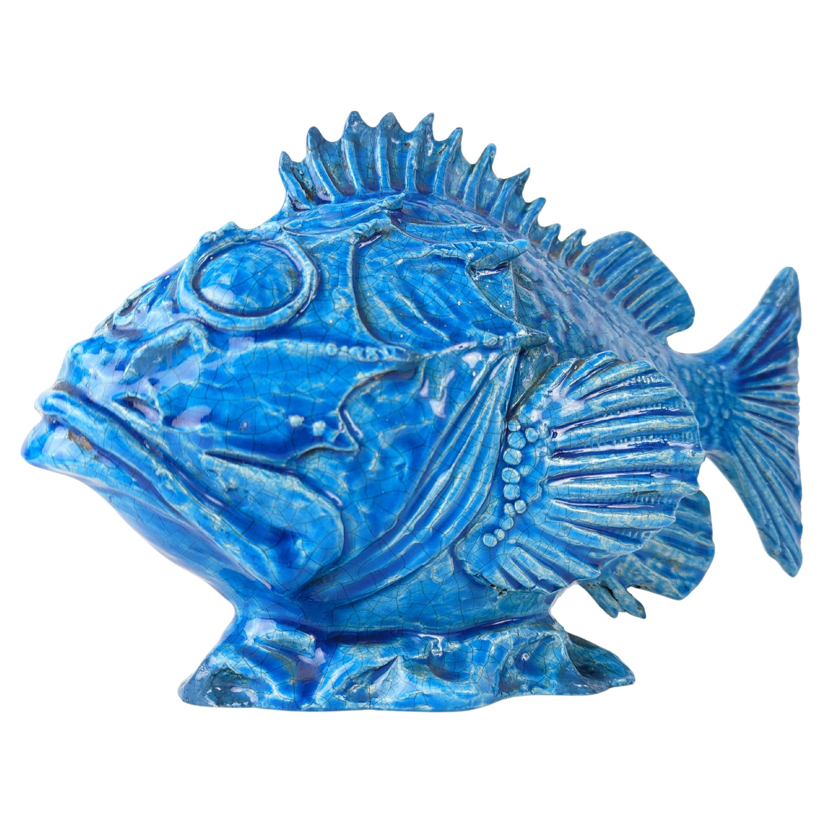 Italian Art Deco Guido Cacciapuoti Blue Glazed Scorfano Fish Sculpture 1930s