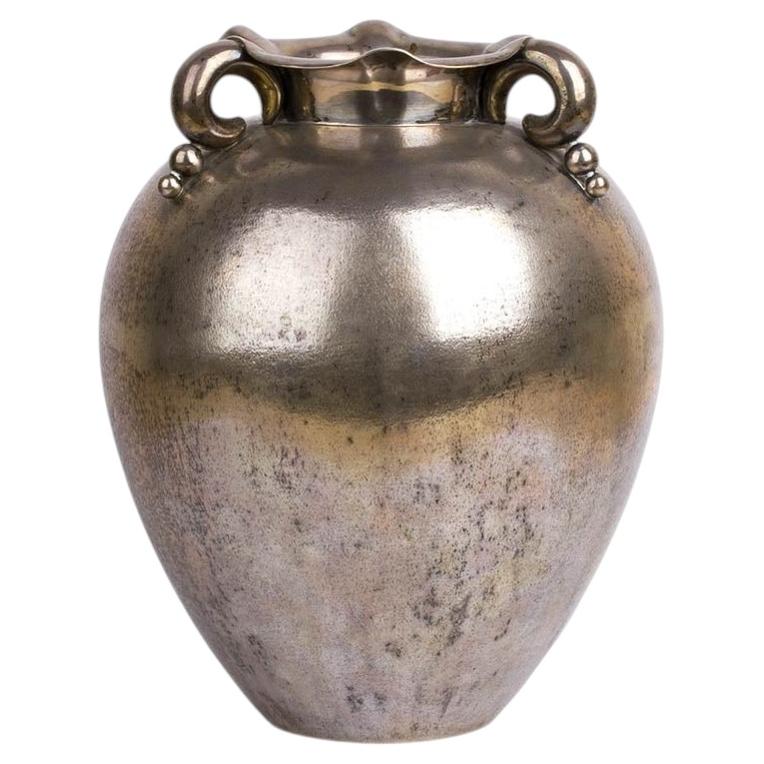 Italian Art Deco Hammered Silver Vase with Volute Handles by Luigi Genazzi