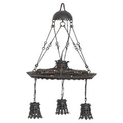 Italian Art Deco Hand-Forged Wrought Iron Four-Light Ceiling Lamp, 1920s
