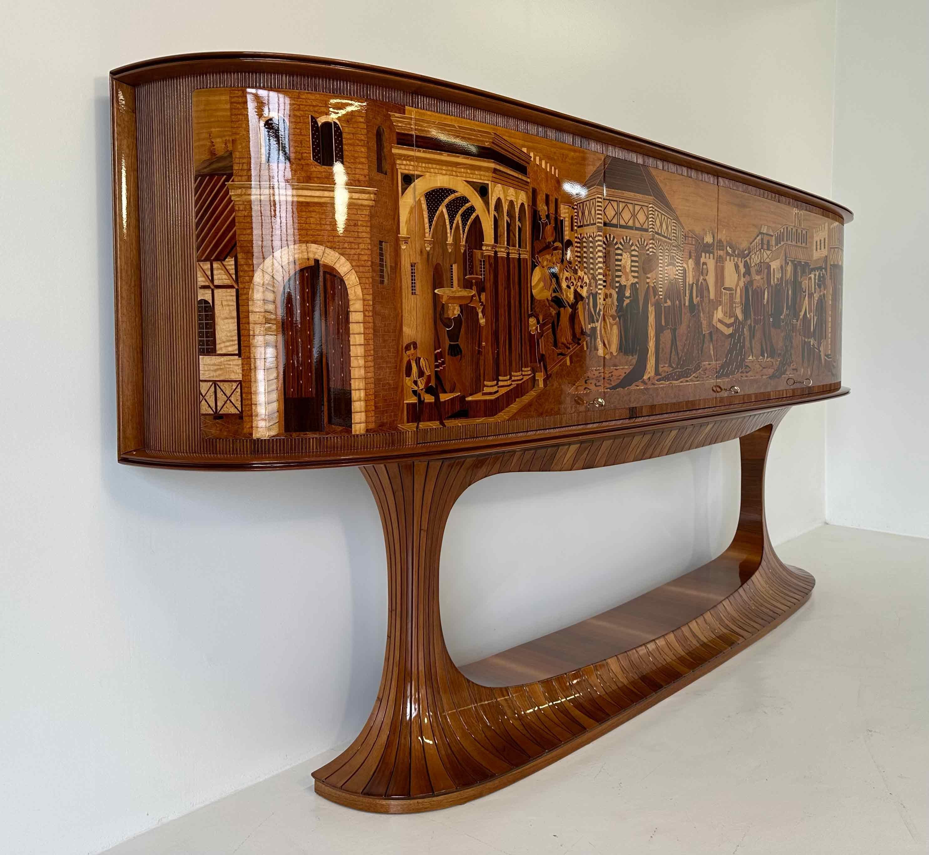 Walnut Italian Art Deco Inlaid Sideboard by Vittorio Dassi and Piero Del Grande, 1940s For Sale