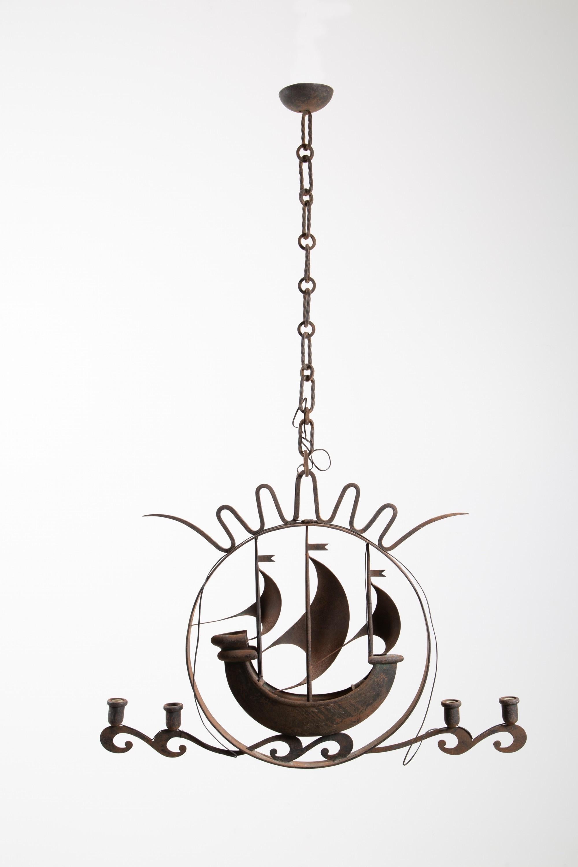 Italian Art Deco Iron Nautical Chandelier Attributed to Gio Ponti In Good Condition In Hanover, MA