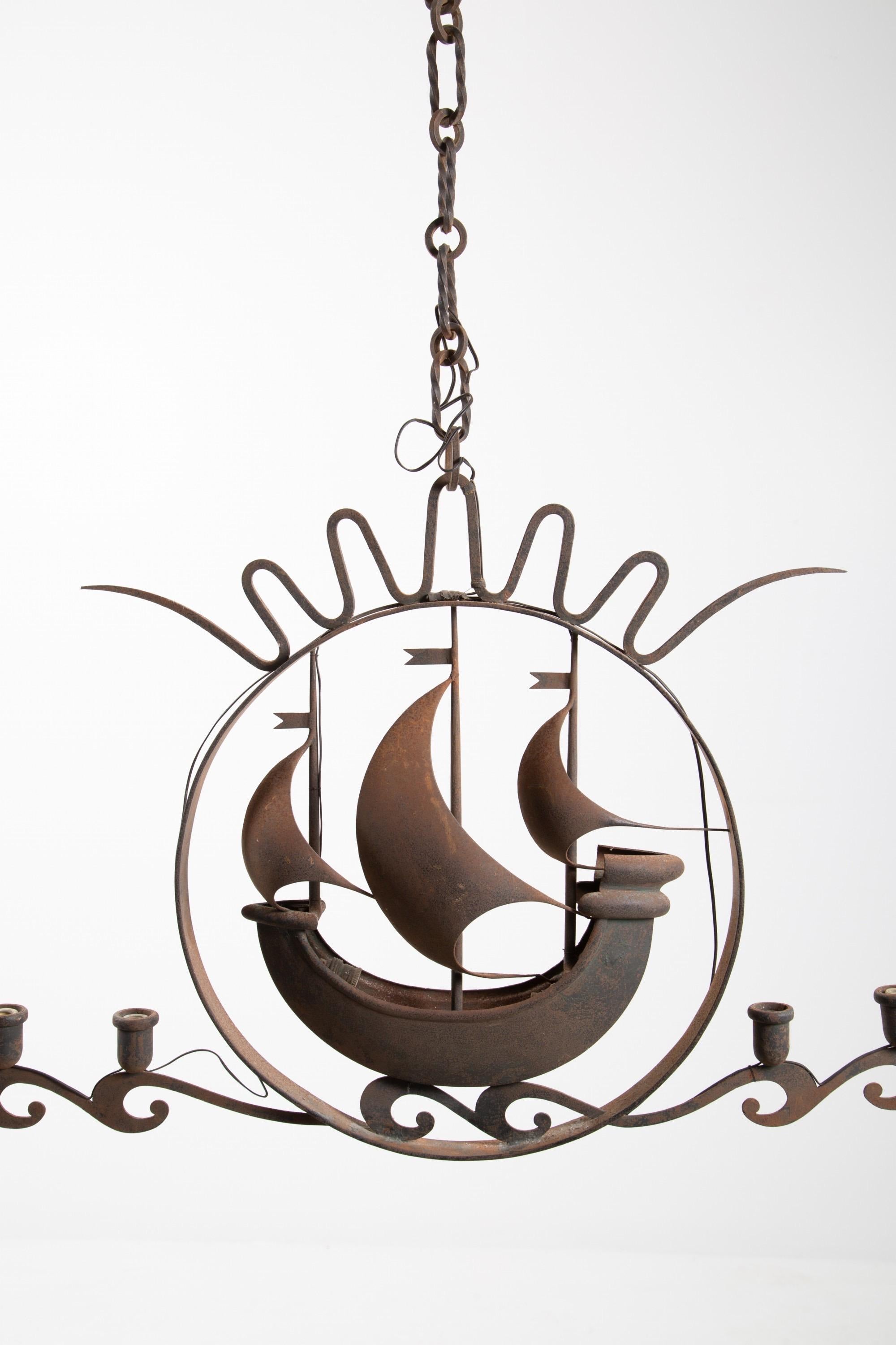 Mid-20th Century Italian Art Deco Iron Nautical Chandelier Attributed to Gio Ponti