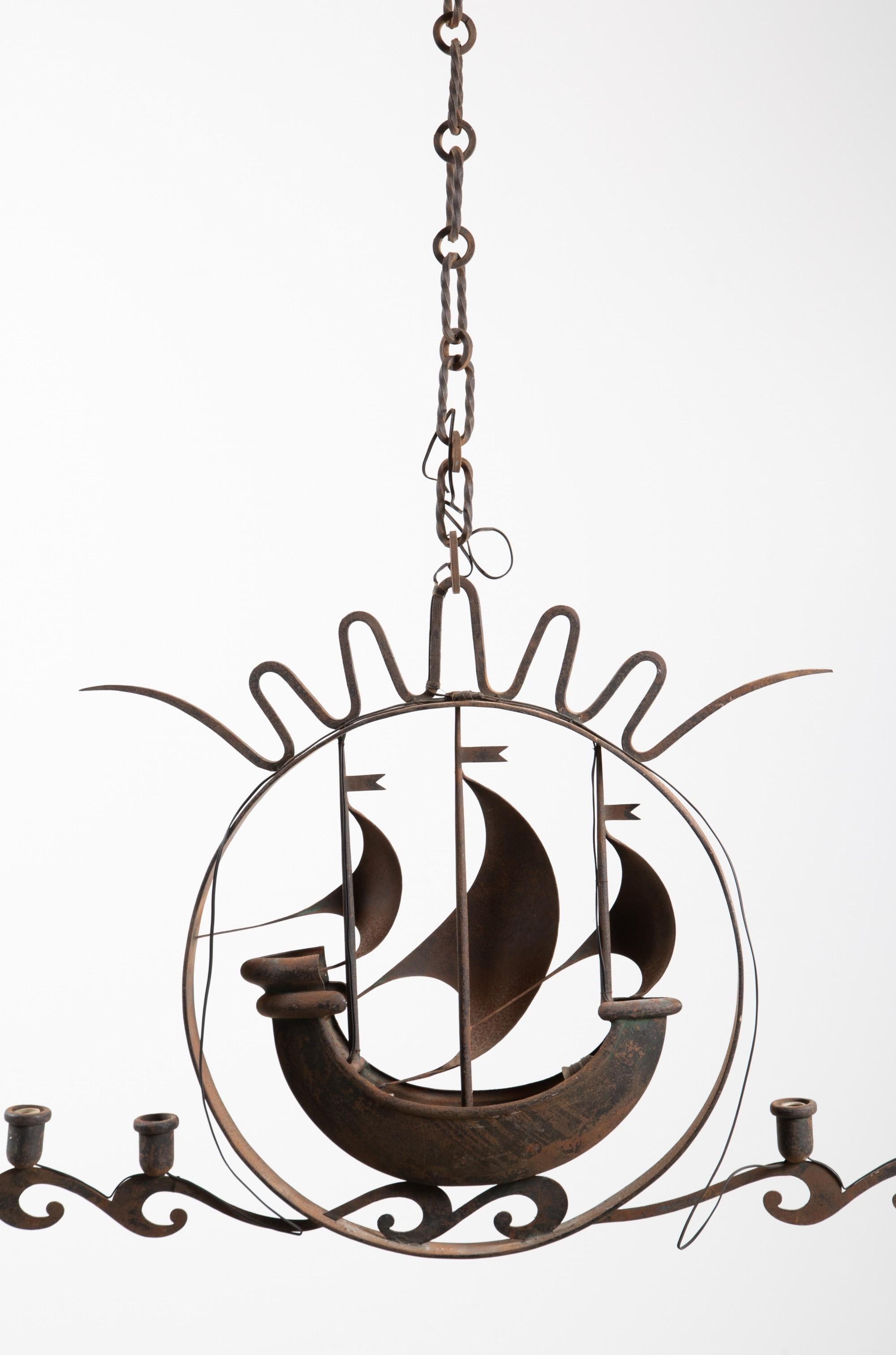Wrought Iron Italian Art Deco Iron Nautical Chandelier Attributed to Gio Ponti