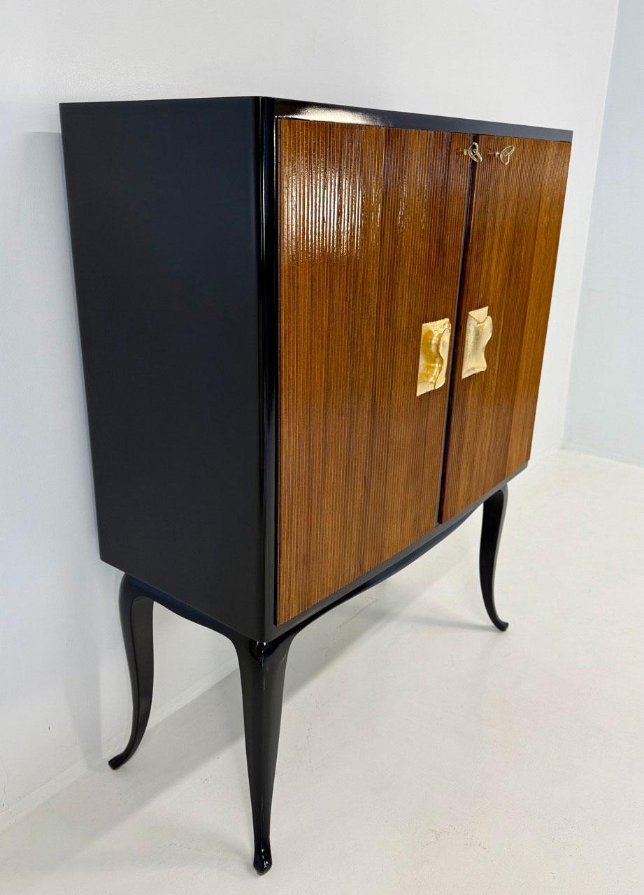 Mid-20th Century Italian Art Deco Lacquer, Walnut and Gold Leaf Bar Cabinet attr. Borsani, 1950s For Sale