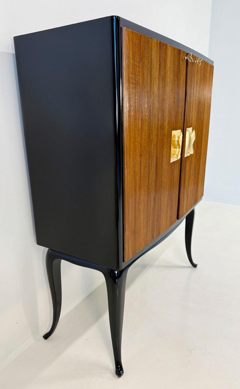 Brass Italian Art Deco Lacquer, Walnut and Gold Leaf Bar Cabinet attr. Borsani, 1950s For Sale