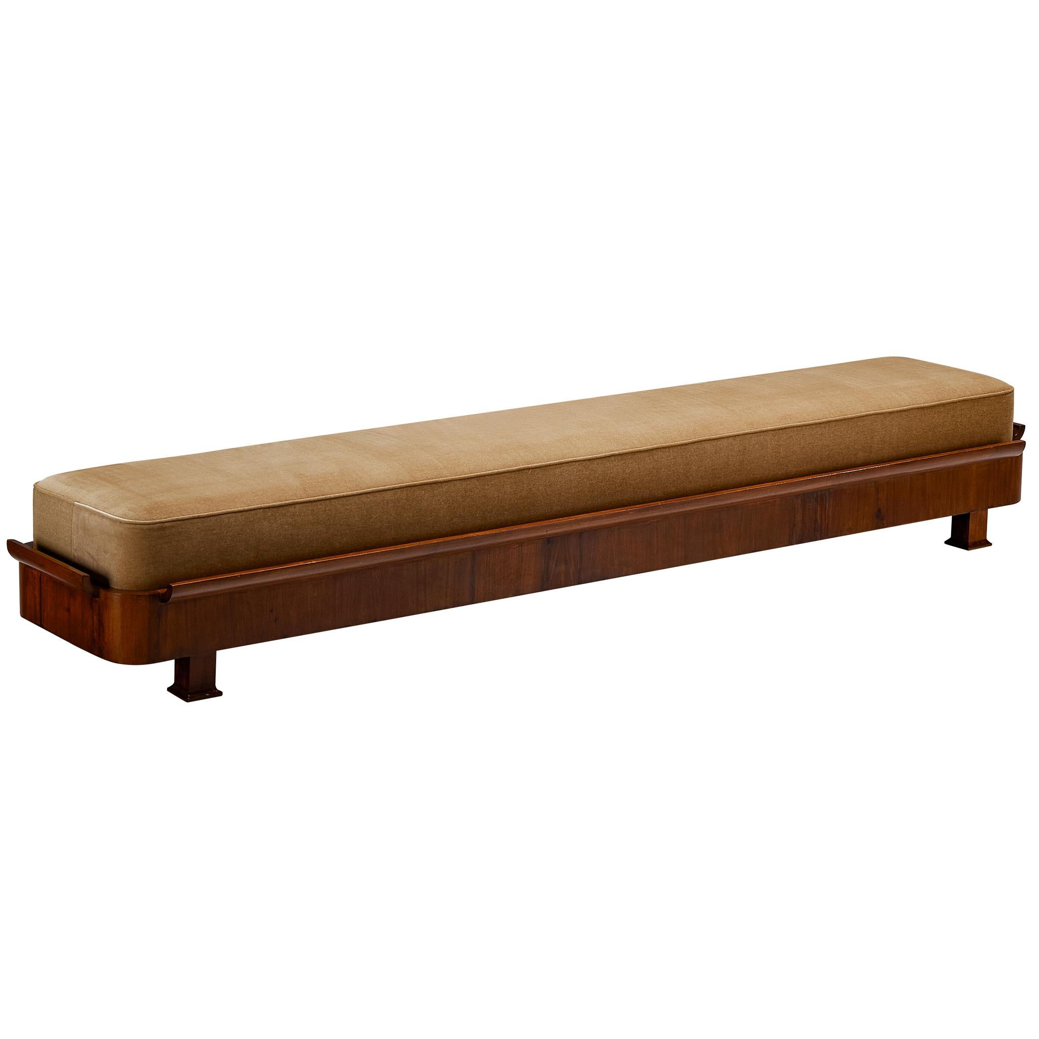 Italian Art Deco Large Bench in Mahogany and Brown Mohair Fabric