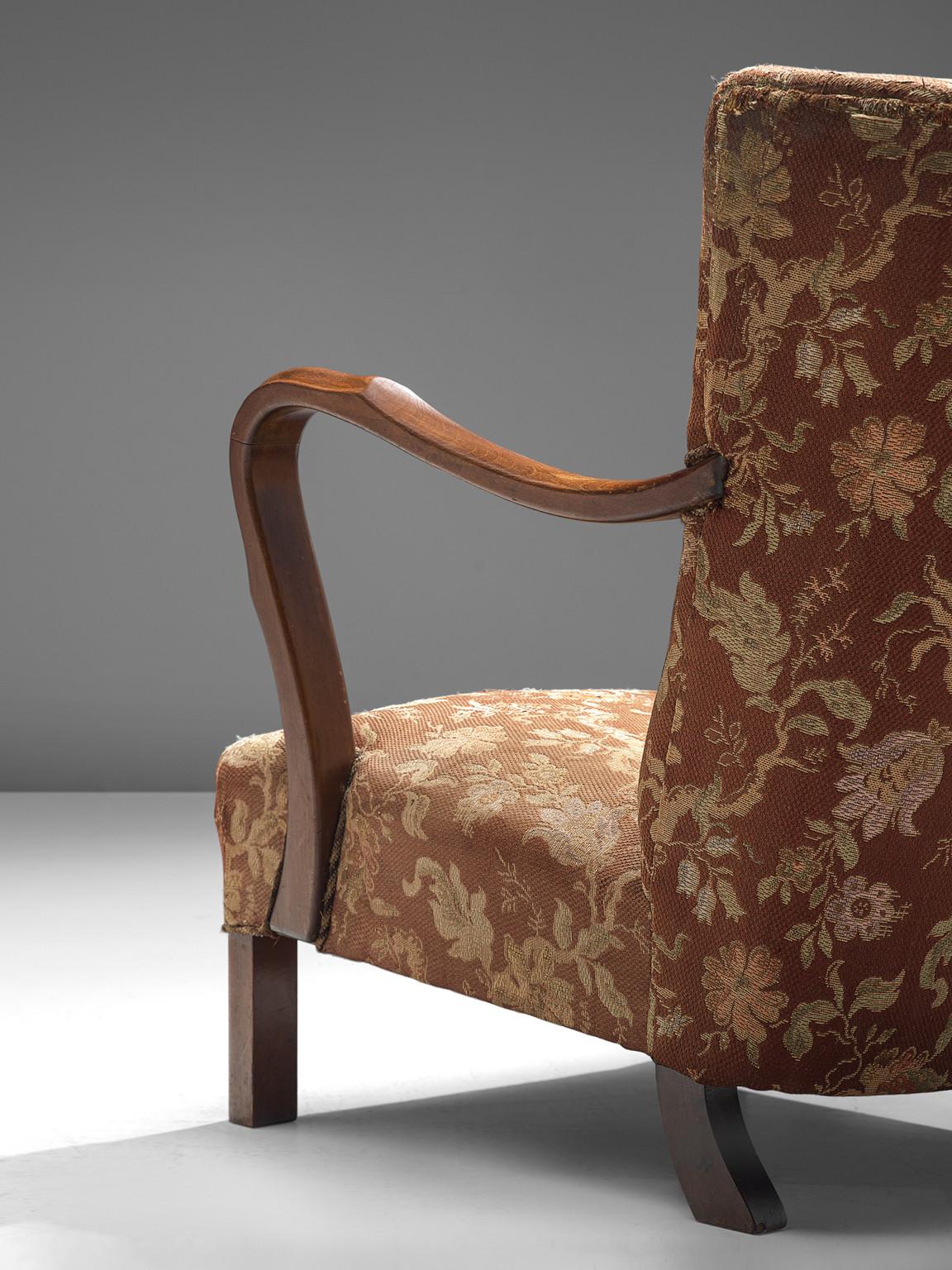 Fabric Italian Art Deco Lounge Chair in Floral Upholstery