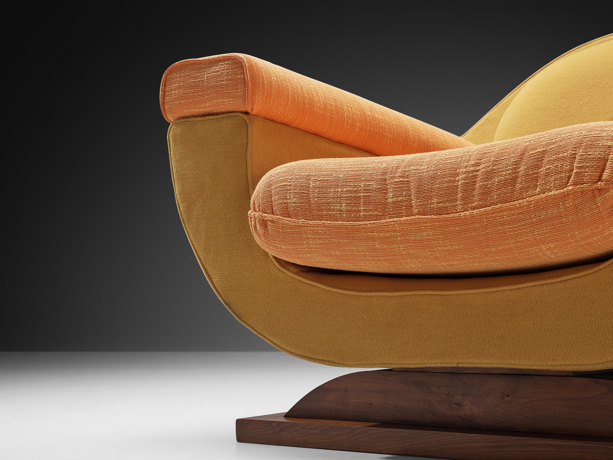 Italian Art Deco Lounge Chair in Orange Yellow Upholstery and Walnut In Good Condition In Waalwijk, NL