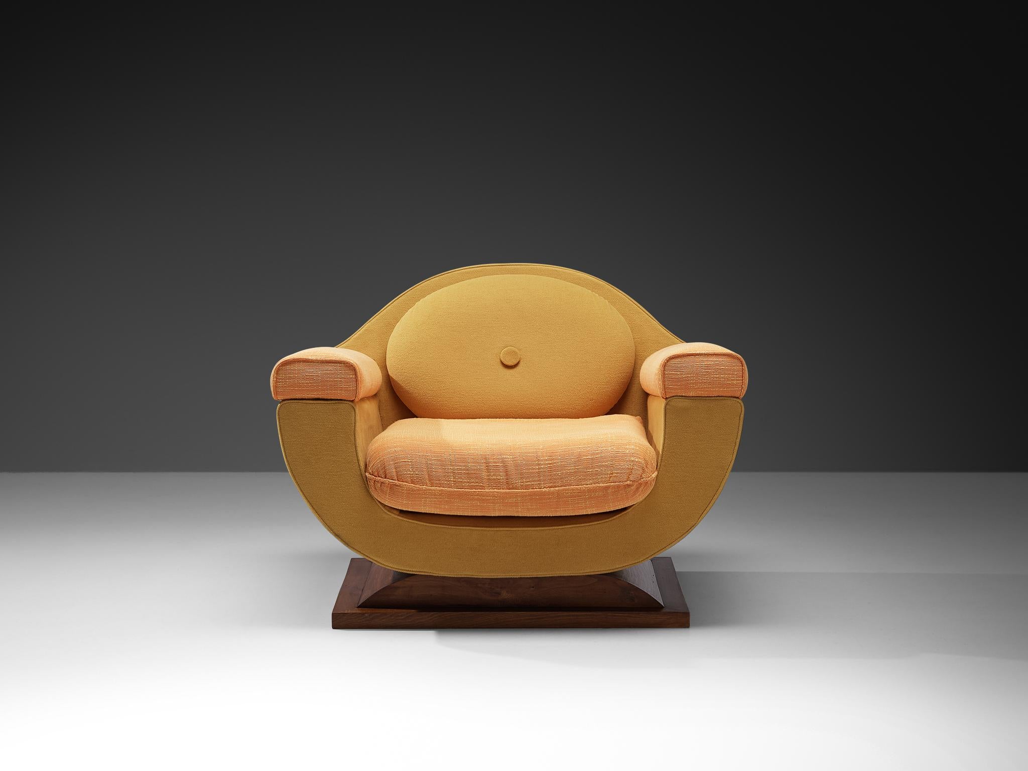 Mid-20th Century Italian Art Deco Lounge Chair in Orange Yellow Upholstery and Walnut