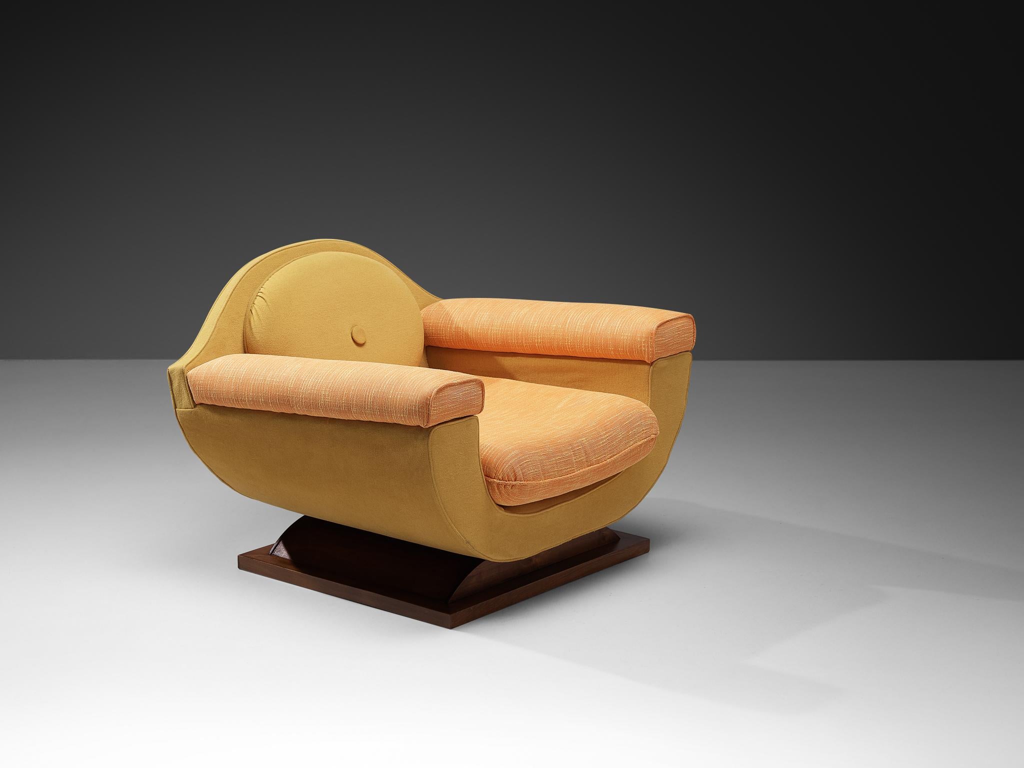 Italian Art Deco Lounge Chair in Orange Yellow Upholstery and Walnut 1