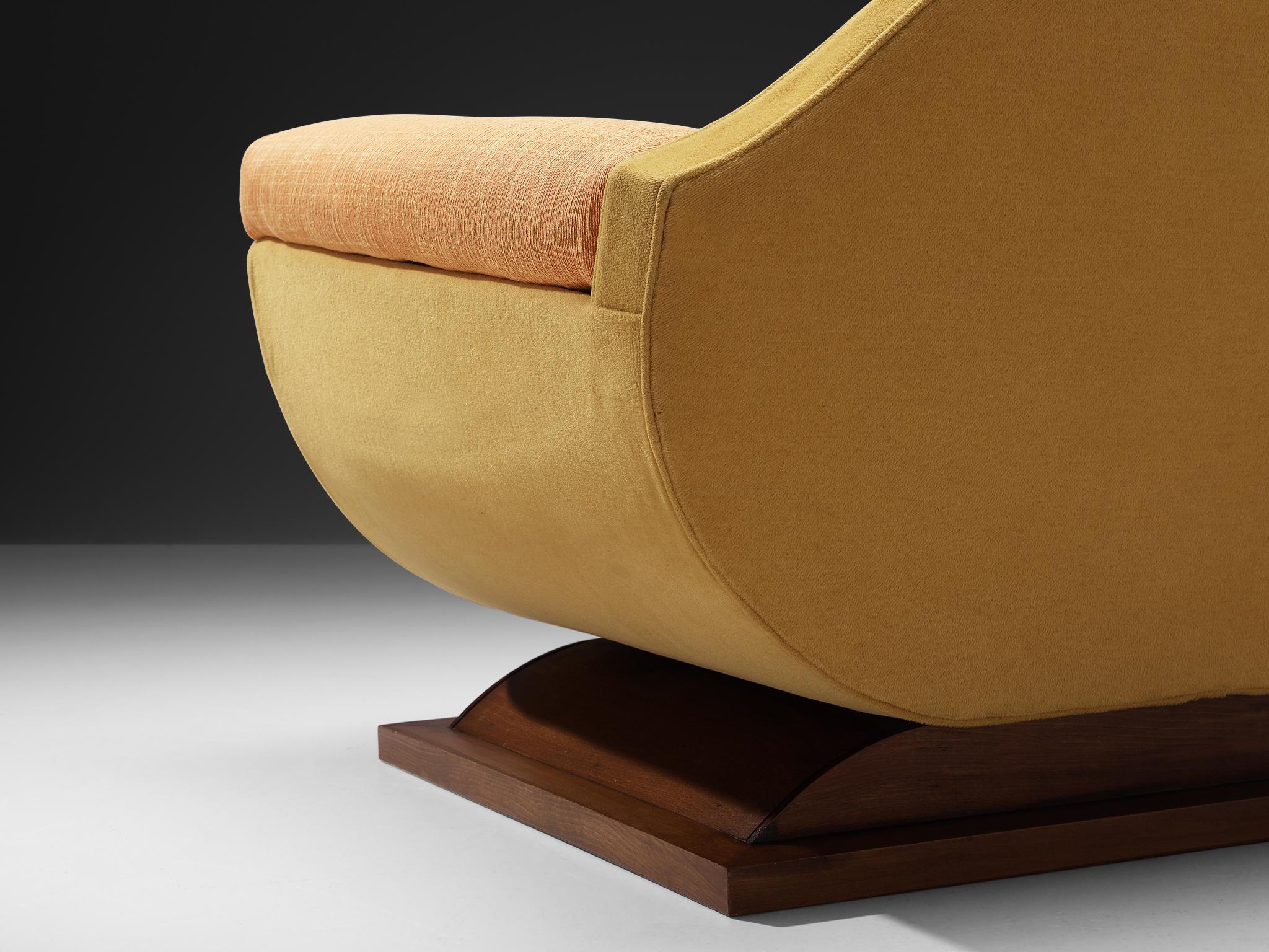 Italian Art Deco Lounge Chair in Orange Yellow Upholstery and Walnut 2
