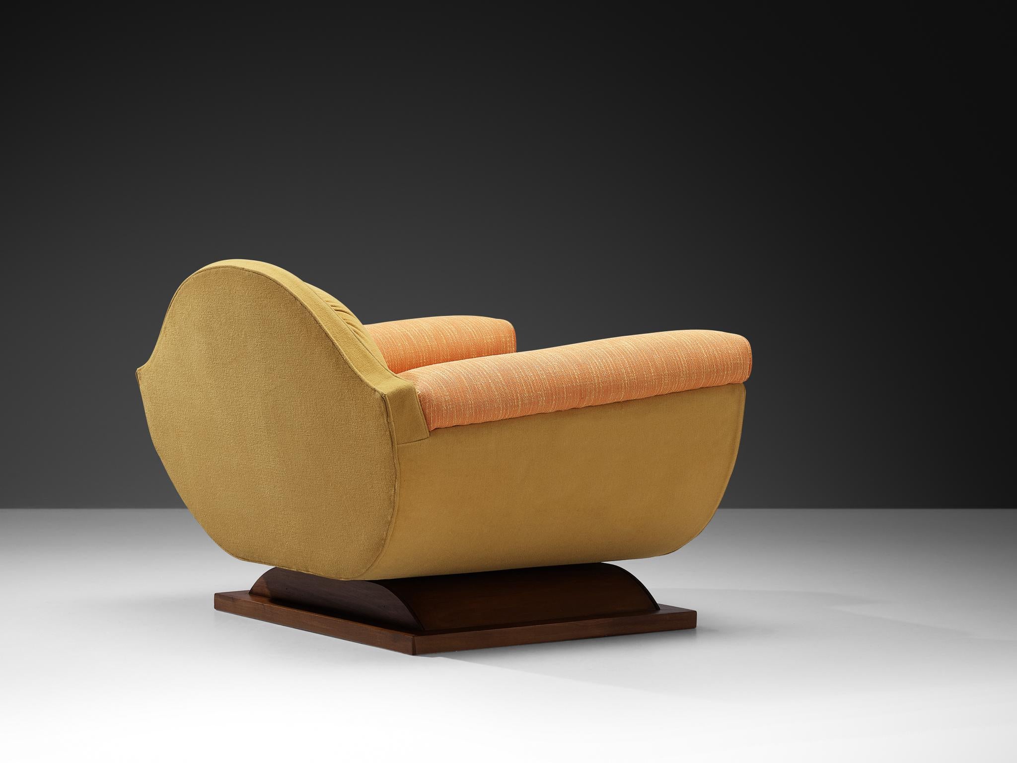 Italian Art Deco Lounge Chair in Orange Yellow Upholstery and Walnut 3