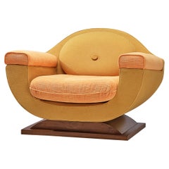 Italian Art Deco Lounge Chair in Orange Yellow Upholstery and Walnut