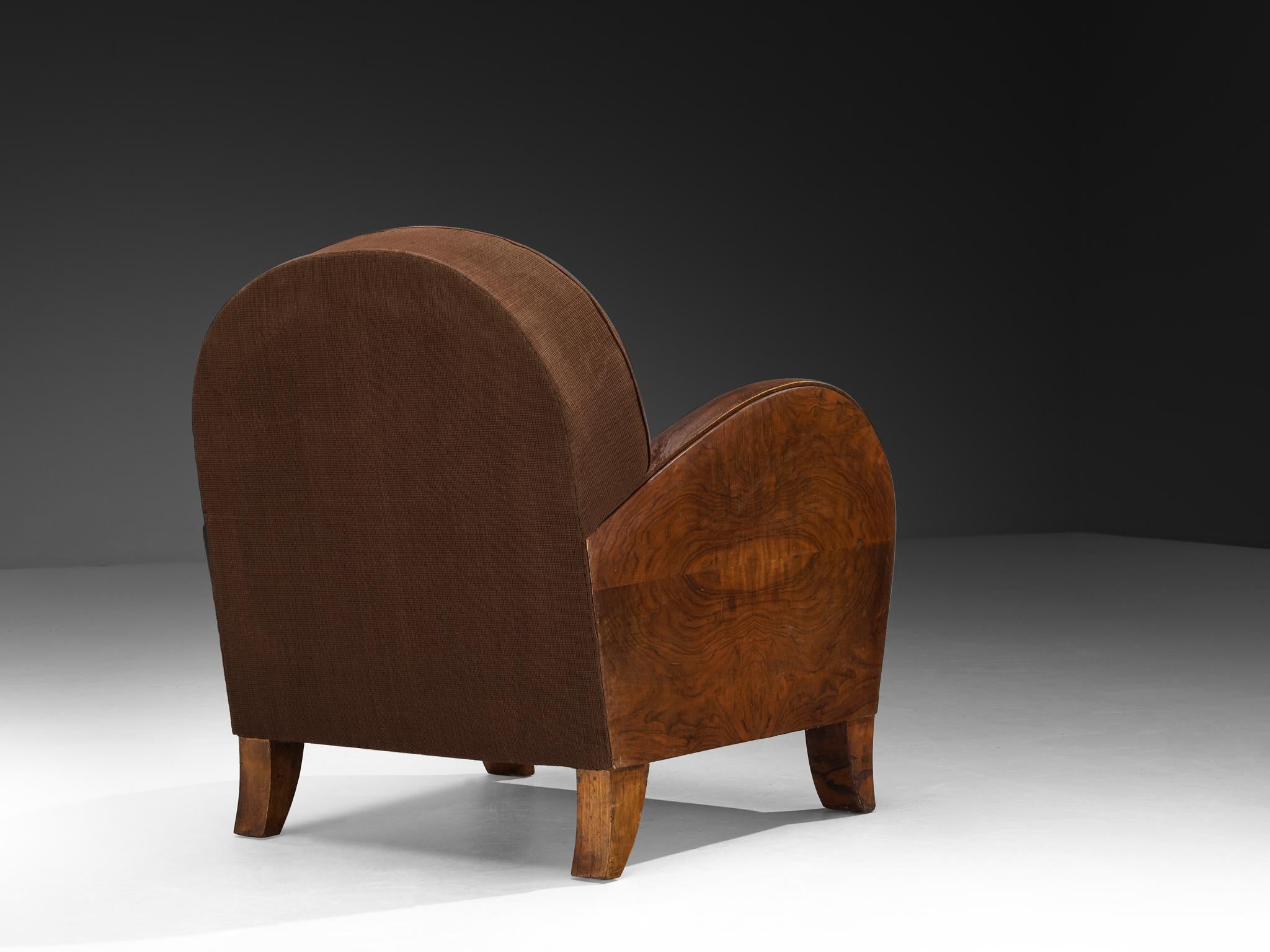 Silla de salón italiana Art Decó en nogal y tela marrón Italiano en venta