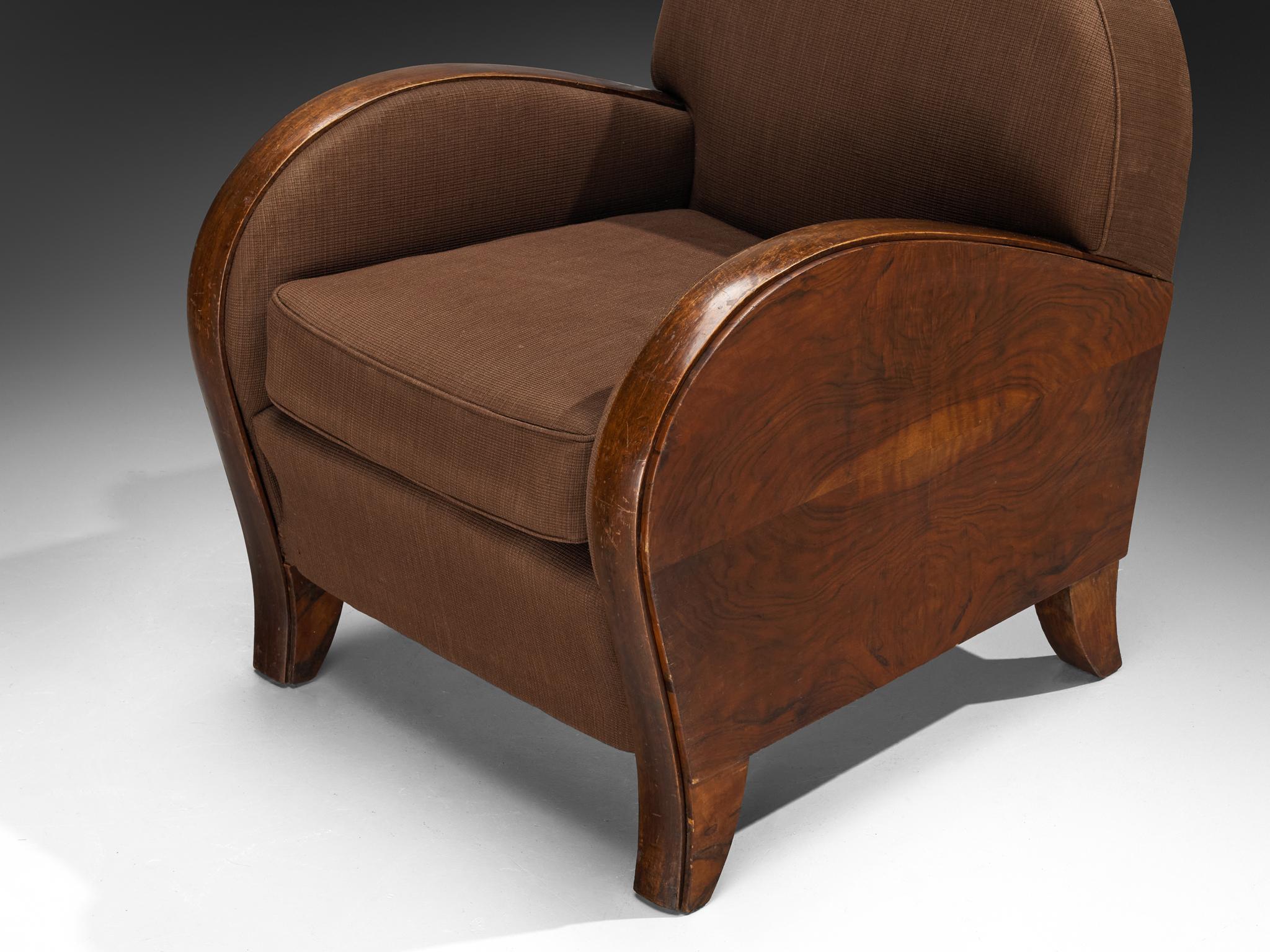 Silla de salón italiana Art Decó en nogal y tela marrón Tela en venta