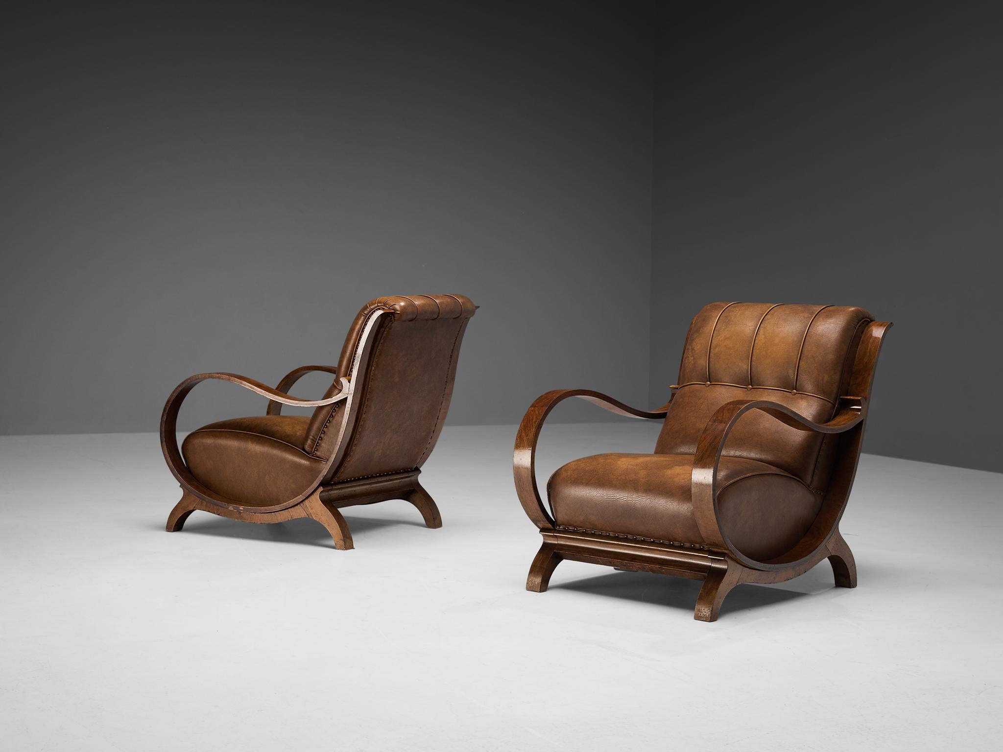 Italian Art Deco Lounge Chairs with Ottoman in Walnut and Leather 6