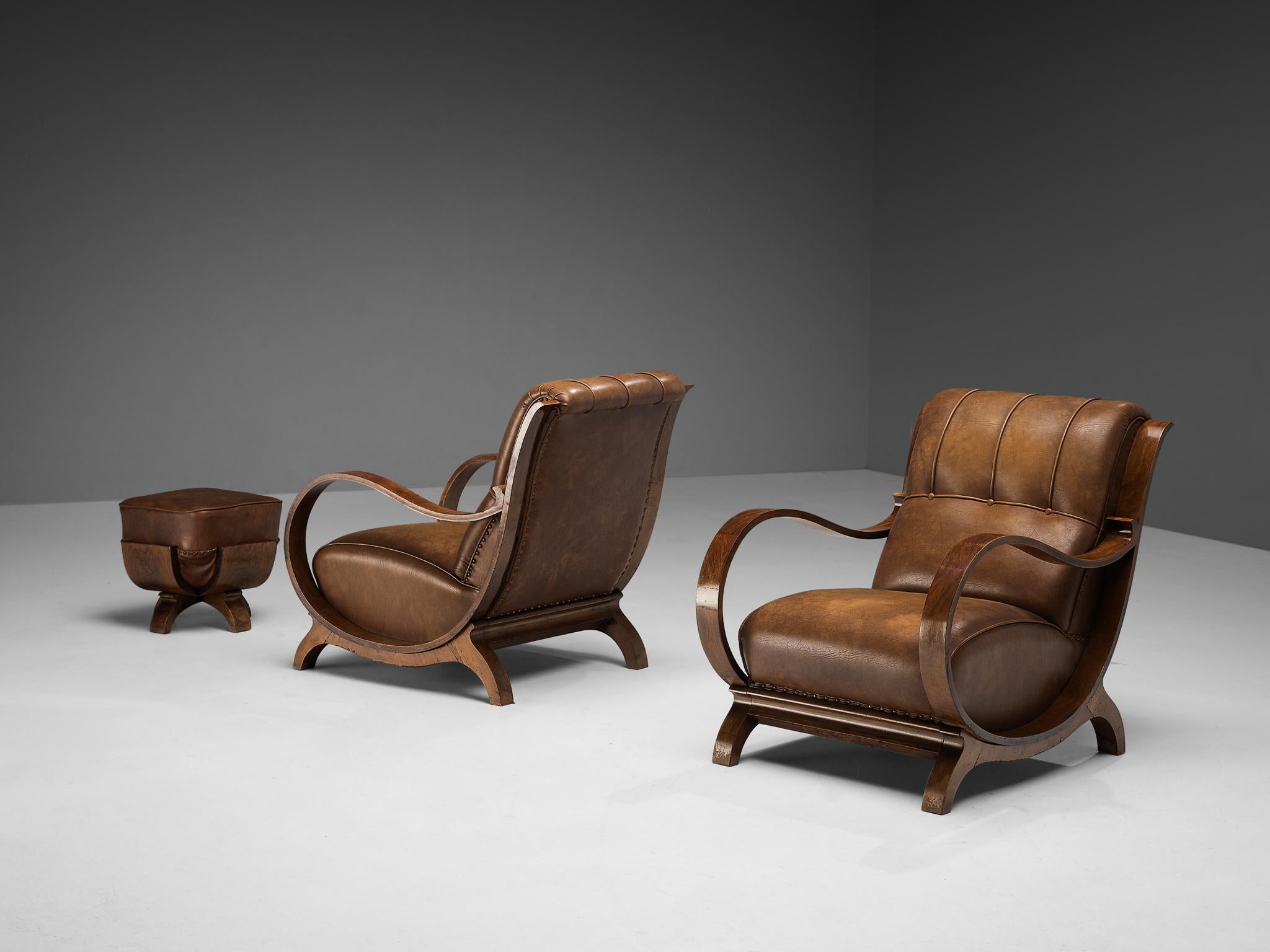 Italian Art Deco Lounge Chairs with Ottoman in Walnut and Leather 8