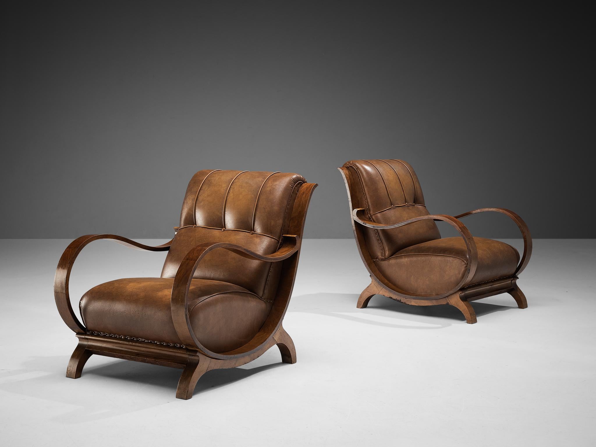 Italian Art Deco Lounge Chairs with Ottoman in Walnut and Leather 9