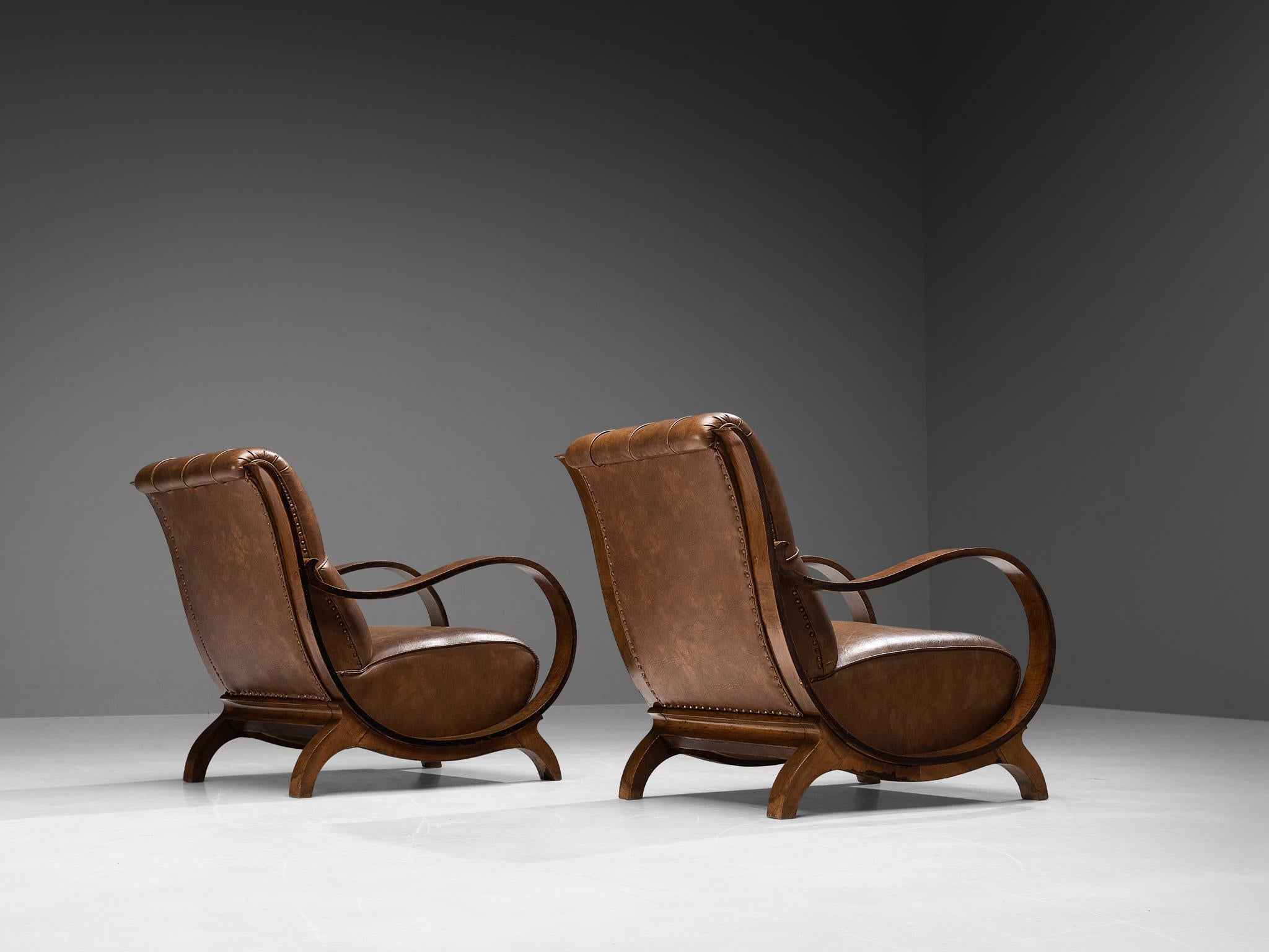 Mid-20th Century Italian Art Deco Lounge Chairs with Ottoman in Walnut and Leather