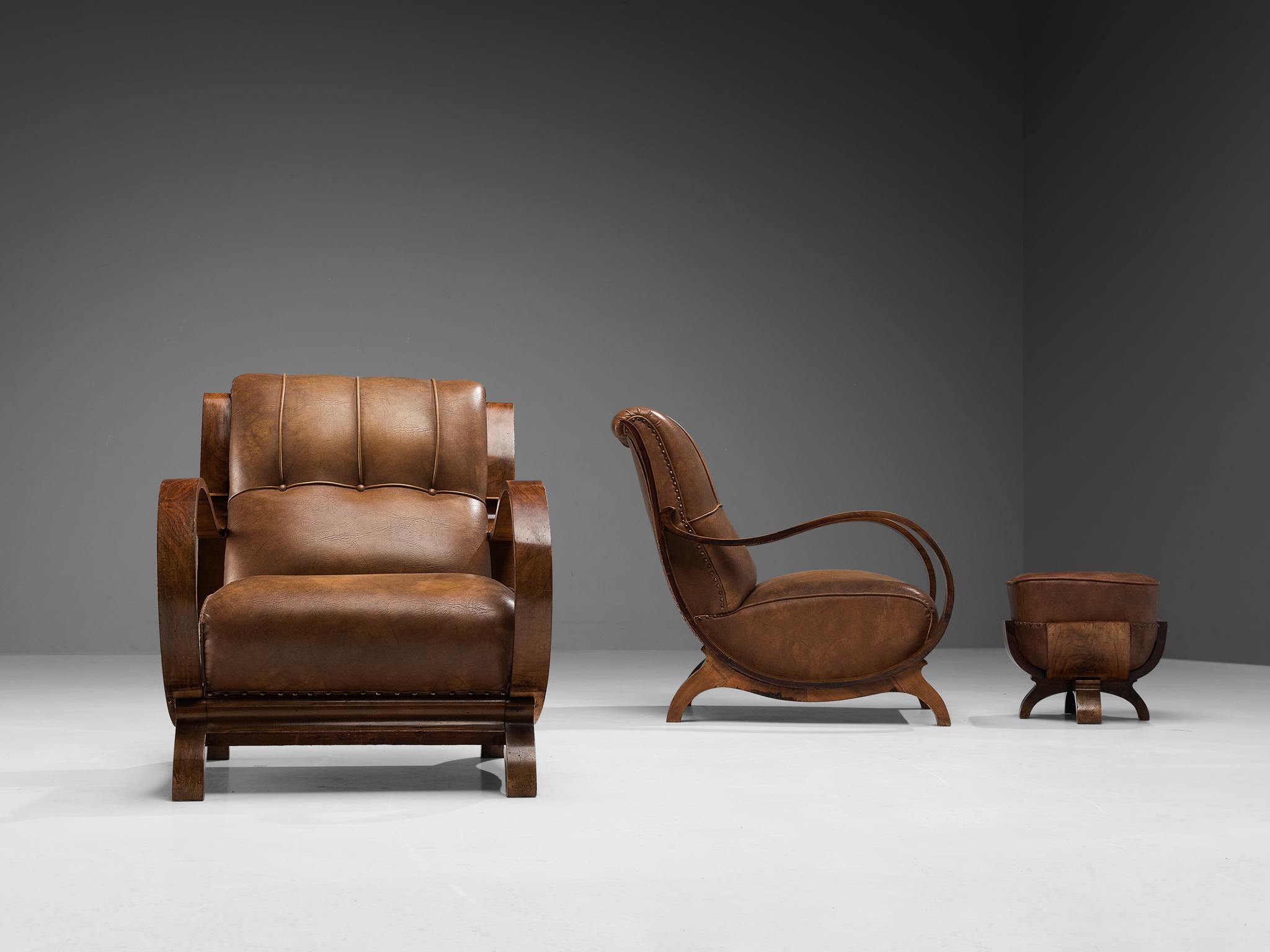 Italian Art Deco Lounge Chairs with Ottoman in Walnut and Leather 3
