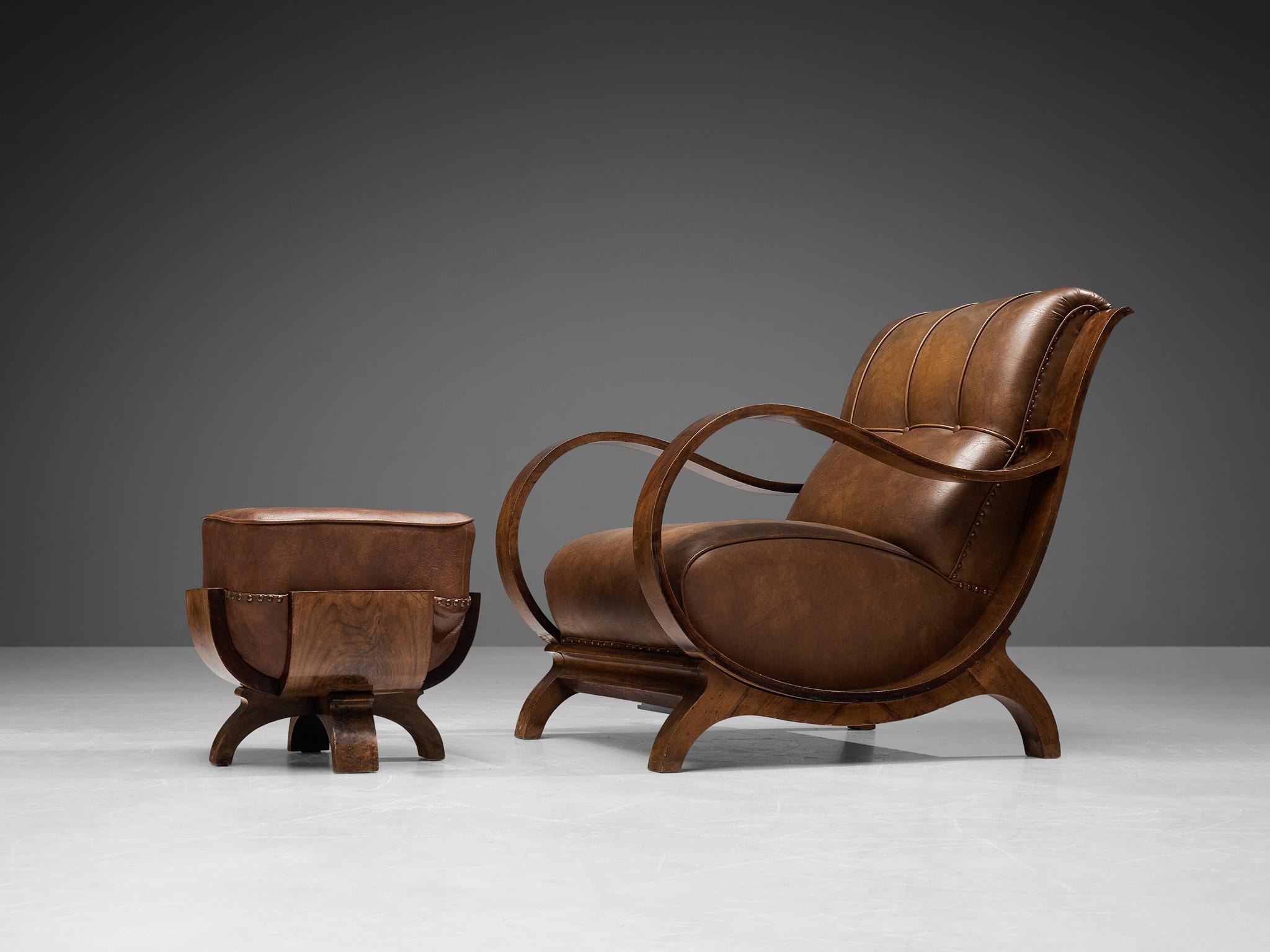 Italian Art Deco Lounge Chairs with Ottoman in Walnut and Leather 4