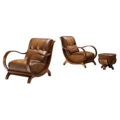 Italian Art Deco Lounge Chairs with Ottoman in Walnut and Leather