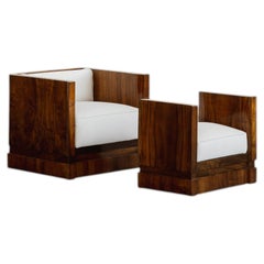 Italian Art Deco Lounge Set, White Velvet and Walnut, 1930s