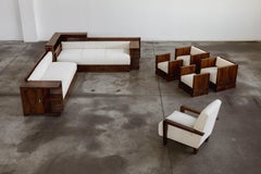 Italian Art Deco Lounge Set, White Velvet and Walnut, 1930s, Set of 7