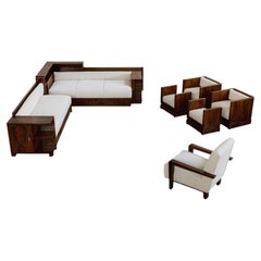 Italian Art Deco Lounge Set, White Velvet and Walnut, 1930s, Set of 7