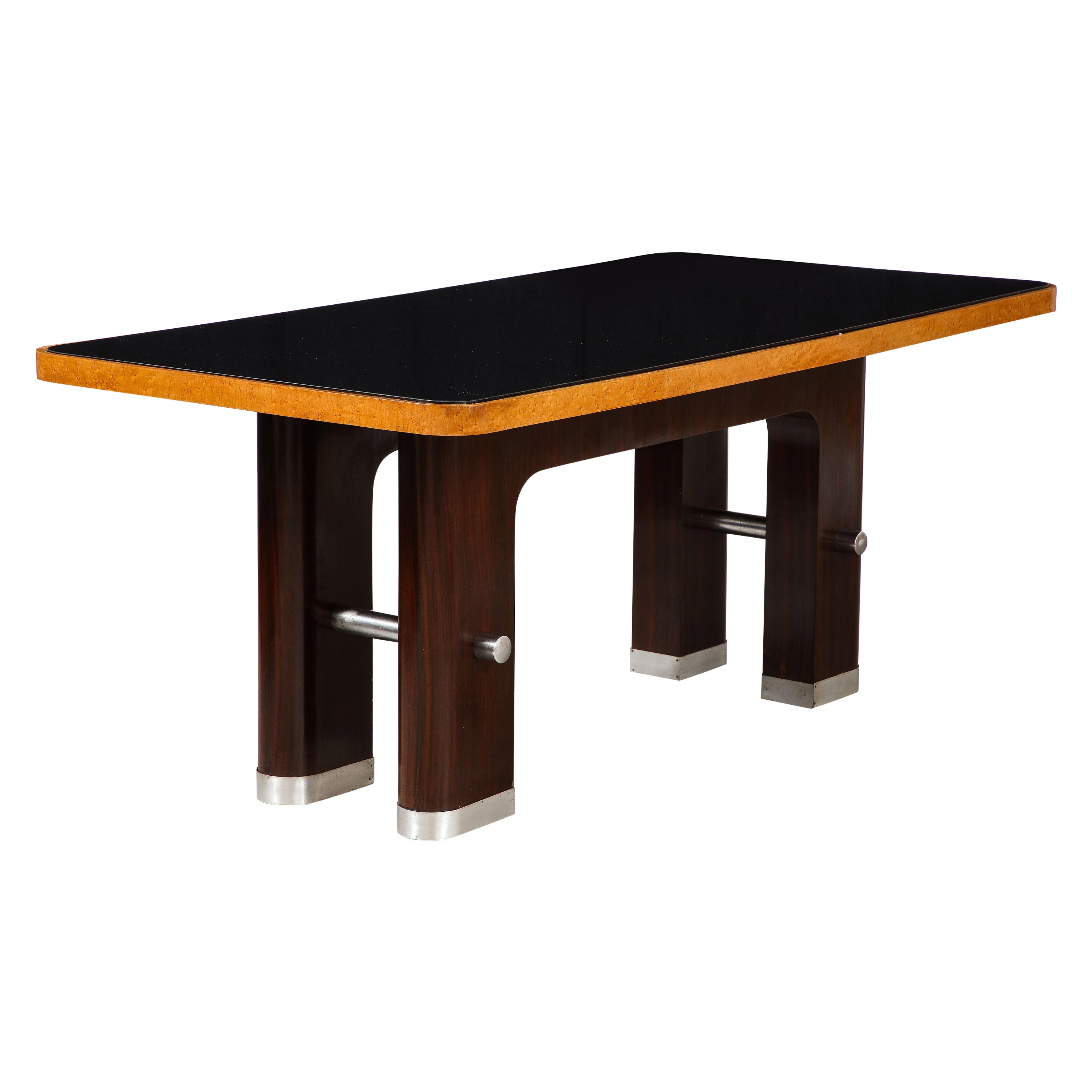 Italian Art Deco Macassar Ebony, Chrome, Glass Dining Table, Italy, circa 1940