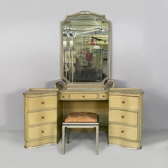 Italian Art Deco makeup console with mirror and stool in wood, 1930s