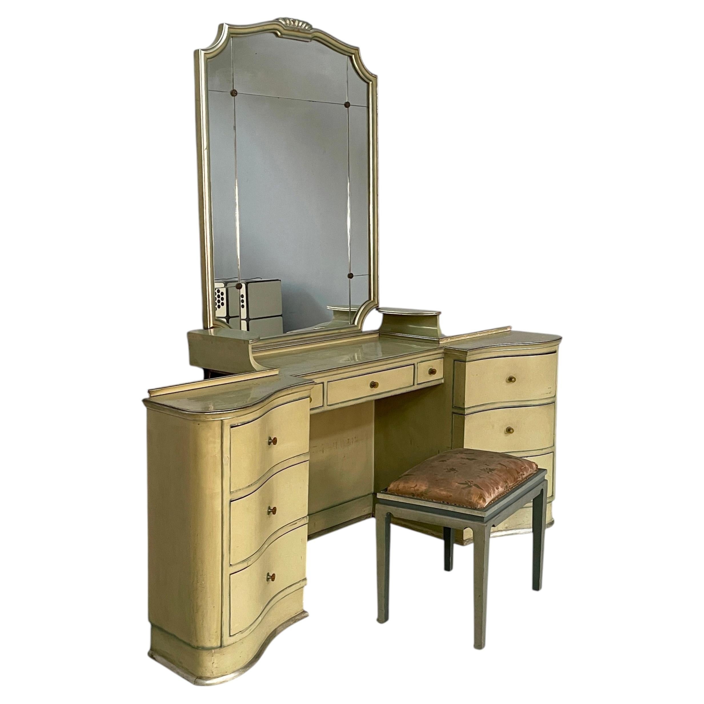 Italian Art Deco makeup console with mirror and stool in wood, 1930s For Sale