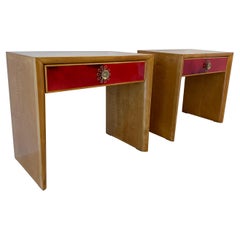 Italian Art Deco Maple and Red Parchment Nightstands, 1950s