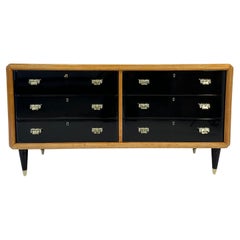 Vintage Italian Art Deco Maple, Brass and Black Lacquered Dresser, 1940s